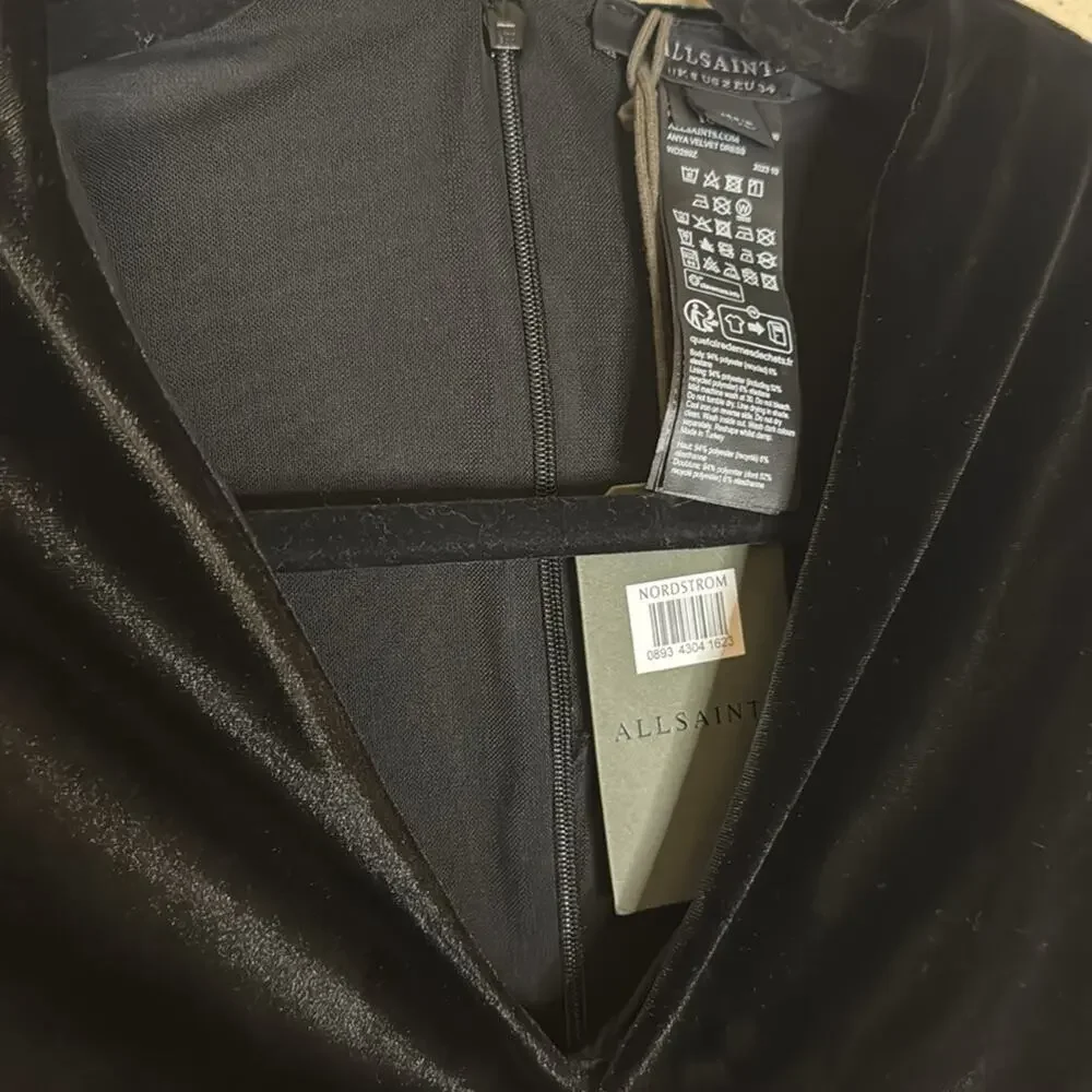 All Saints Anya Velvet V-Neck Mini Dress - Black Size 2 - Picture 5 of 7
